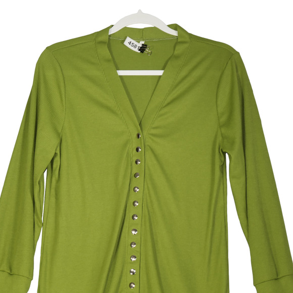 Ribbed Cardigan Sweater Womens Large Green Snap Close Tunic Long Stretch - Picture 2 of 7